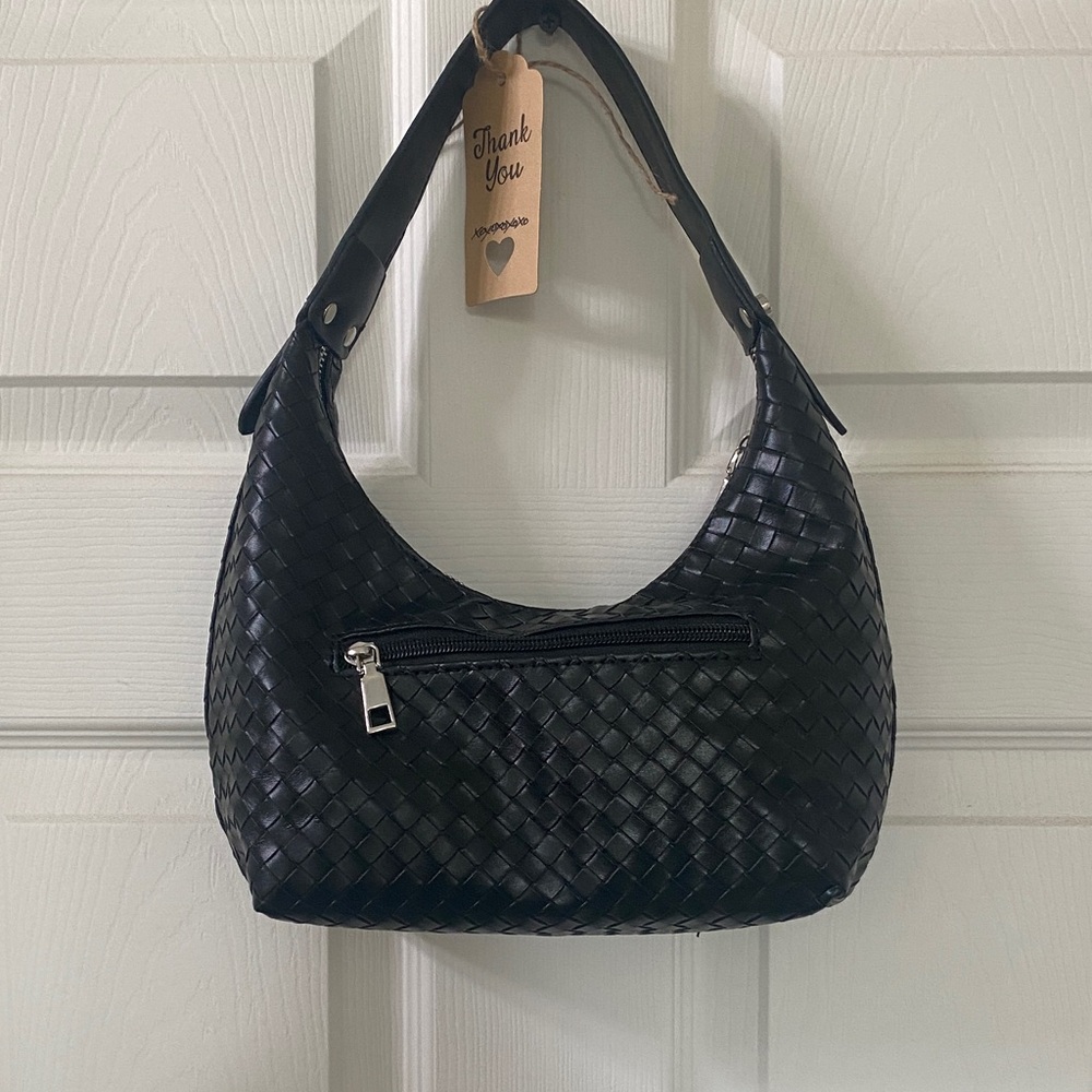Elegant Black Woven Vegan Leather Shoulder Bag.  NIP